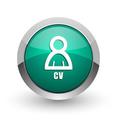 Poster - Cv silver metallic chrome web design green round internet icon with shadow on white background.