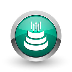 Leinwandbilder - Cake silver metallic chrome web design green round internet icon with shadow on white background.