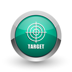 Leinwandbilder - Target silver metallic chrome web design green round internet icon with shadow on white background.
