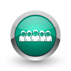 Poster - People silver metallic chrome web design green round internet icon with shadow on white background.