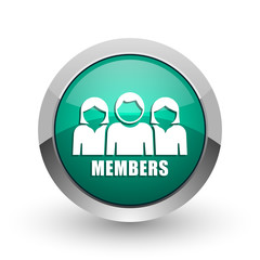 Poster - Members silver metallic chrome web design green round internet icon with shadow on white background.