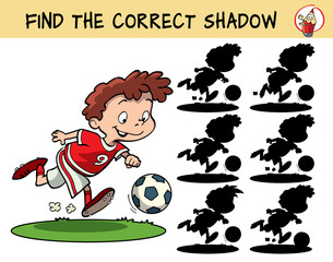 Wall Mural - Football player running with the ball. Find the correct shadow. Educational game for children. Cartoon vector illustration.