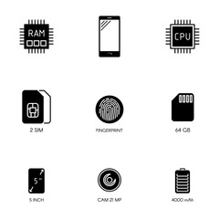 Smartphone specification flat icons. Gadget description. Icons set vector