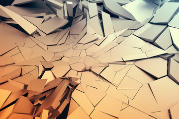 Poster - Abstract 3d rendering of cracked surface. Background with broken shape. Wall destruction. Bursting with debris. Modern cgi illustration. Design for poster, banner, placard, cover, print.