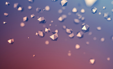 Poster - Abstract 3d rendering of chaotic low poly particles. Flying polygonal spheres in empty space. Futuristic background with bokeh effect. Poster design.