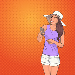 Poster - young woman using cell smart phone networking online over pop art colorful retro style background ve