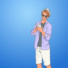 Poster - young man using cell smart phone networking online over pop art colorful retro style background vect
