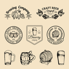 Wall Mural - Old brewery logos set. Kraft beer retro signs with hand sketched glass, barrel etc. Vector vintage ale, lager labels.