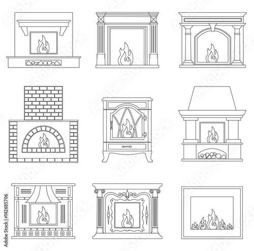 Камин шаблон для вырезания Contour fireplace. Icons of different fireplace in outline style. Vector illustr