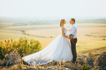 Wall Mural - stylish gorgeous couple newlyweds standing on the rocks in the mountains