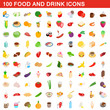 100 food and drink icons set, isometric 3d style