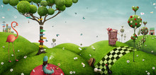 Fabulous Bright Background With Fantasy Elements For Wall Or Poster Or Illustration Wonderland. 