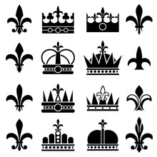 Crown And Fleur De Lis, Lily Flowers Royal Vector Icons