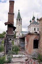 Ruins Of A Burnt House, Trumpet From A Stove, White Temple With A Bell Tower, Orthodox Architecture