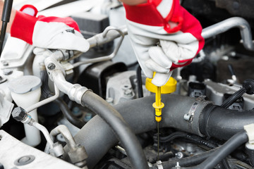 Wall Mural - car maintenance service - mechanic check engine oil level