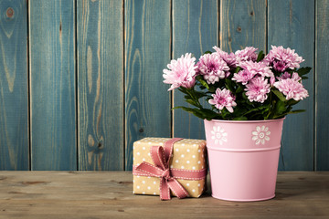 Canvas Print - Fresh pink chrysanthemum flowers in bucket and gift box