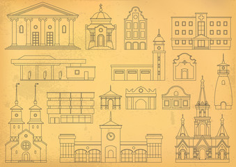  Vector set of thin line city buildings to create and generate a tourist map. Different houses on beige paper background. Stylization for the old drawing.