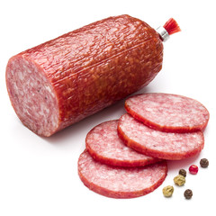 Wall Mural - Salami smoked sausage and peppercorns isolated on white background cutout