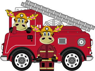 Wall Mural - Cartoon Firemen and Fire Truck