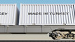 Cargo train and containers with MADE IN TURKEY caption. Railway transportation. 3D rendering