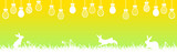 Easter banner with white easter eggs, flowers and grass on green and yellow gradient background