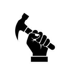 Wall Mural - Hand holding hammer silhouette. Black icon isolated on white background. Vector illustration flat design style. Symbol of working. Pictogram tool. Can be like a logo, print.