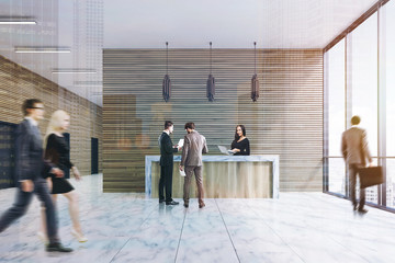 Wall Mural - Wood reception, marble floor, front, people