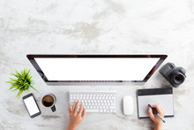 Top View Of Creative Photographer Using Graphic Tablet On Work Table