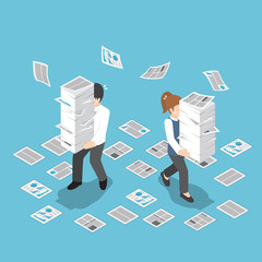 Poster - Isometric stressful businessman holding stack of paper