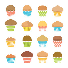 Wall Mural - vector flat icons of chocolate and fruit muffins, homemade cakes