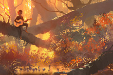 Young Man With Guitar Sitting On The Tree In Autumn Forest, Illustration Painting