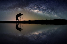 Landscape With Milky Way Galaxy. Night Sky With Stars And Silhouette Photographer Take Photo On The Mountain.