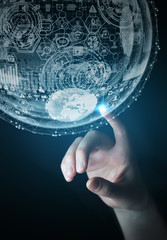 Poster - Businesswoman touching hologram sphere 3D rendering