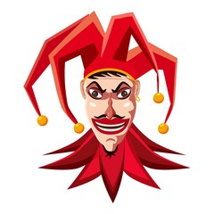 Sticker - Jester in red hat icon, cartoon style
