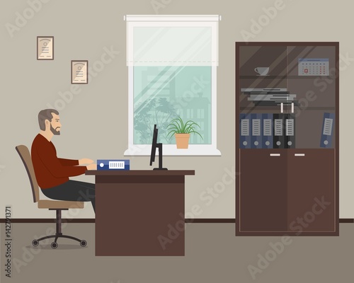 Web Banner Of An Office Worker In The Room Near The Window The