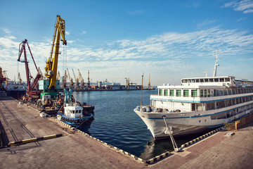 Port cargo crane over blue sky background. Sea port, crane for loading at sunset. Transportation