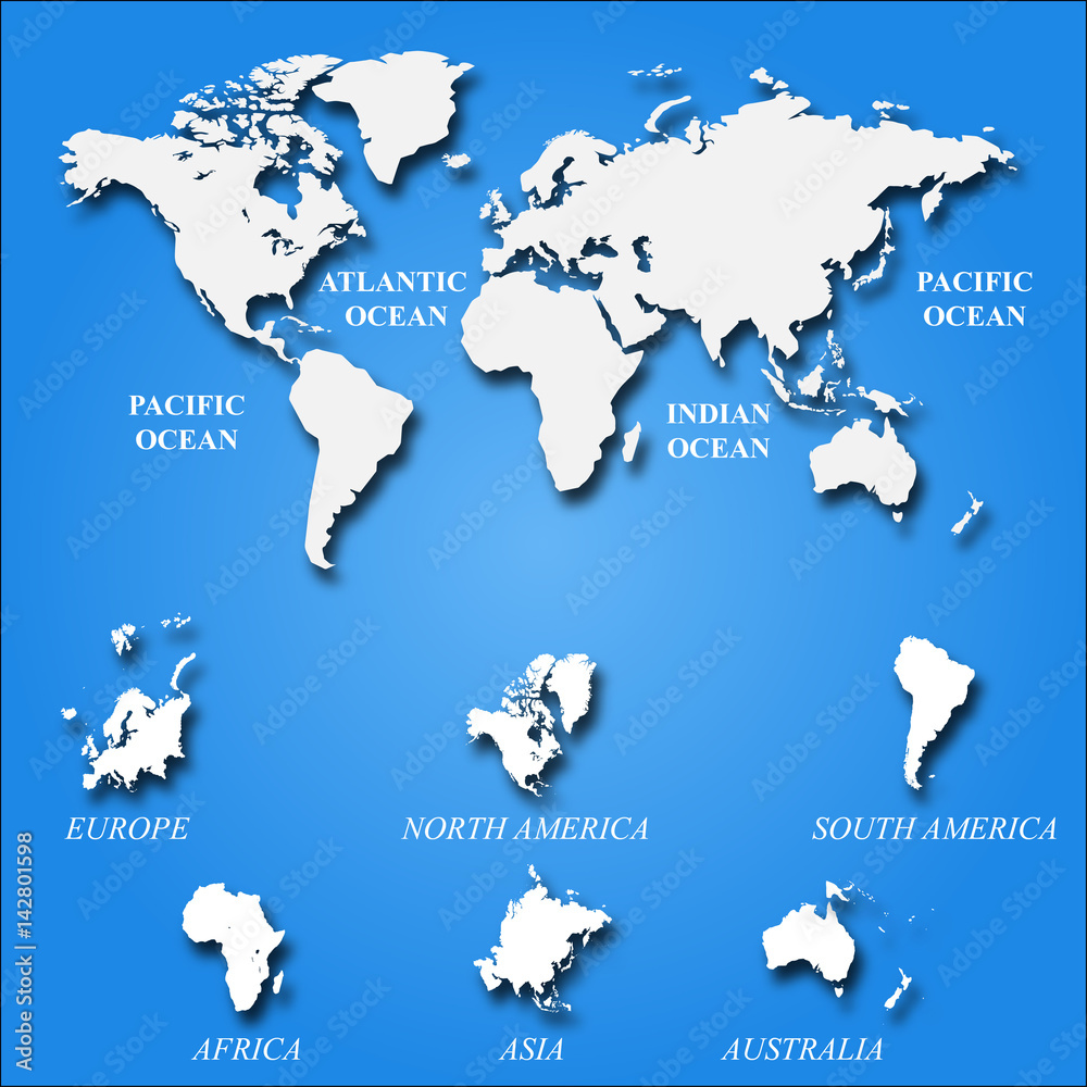 Blank white World map isolated on blue background. Worldmap Vector ...