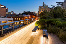 The Highline At Twilight In Summer. The Aerial Greenway, Also Called High Line Or High Line Park, Is An Oasis In The Heart Of The West Village (Meatpacking District, Gansevoort Market), New York City