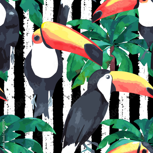 Seamless watercolor pattern with tropical birds - toucan on striped backgroun...