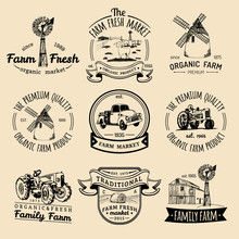 Vector Retro Set Of Farm Fresh Logotypes. Vintage Labels With Hand Sketched Agricultural Equipment Illustrations.