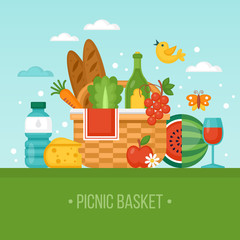 Summer picnic concept with basket, food and fruits. Vector illustration