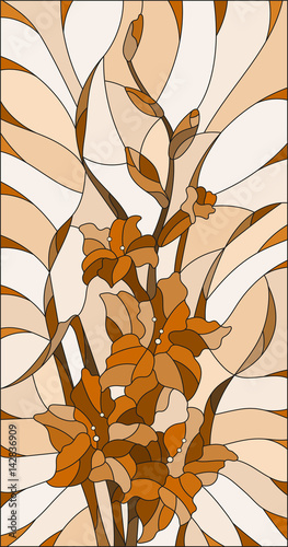 Naklejka nad blat kuchenny Illustration in stained glass style flower of yellow gladiolus,tone brown