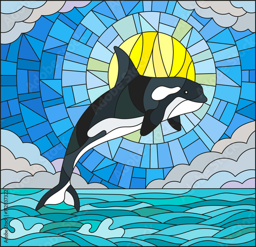 Naklejka na szybę Illustration in stained glass style with a whale on the background of water ,cloud, sky and sun