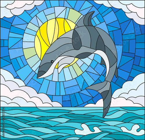 Obraz w ramie Illustration in stained glass style with a shark on the background of water ,cloud, sky and sun