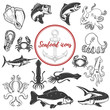 © liubov - Set of seafood icons isolated on white background. Octopus, crabs,carp, trout. Design elements for logo, label, emblem, sign, brand mark. Vector illustration.