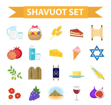 Shavuot Icons Set, Flat Style. Collection Design Elements On The Jewish Holiday  Shavuot With Milk, Fruit,  Torus, Mountain, Wheat, Basket. Isolated On White Background. Vector Illustration, Clip-art