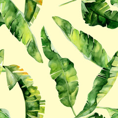 Wall Mural - Seamless watercolor illustration of tropical leaves, dense jungle. Pattern with tropic summertime motif may be used as background texture, wrapping paper, textile,wallpaper design. Banana palm leaves 