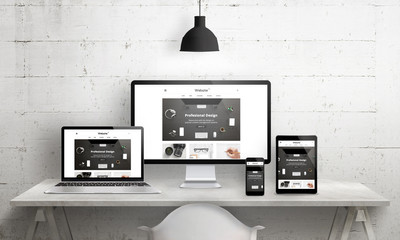 Creative deks scene for web design agency promotion. Modern, clean responsive web site promotion on different devices. Designer studio desk front view.