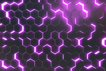 Poster - abstract purple background of futuristic surface with hexagons. 3d rendering
