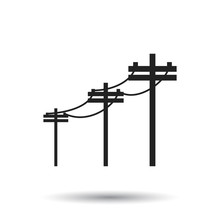 High Voltage Power Lines. Electric Pole Vector Icon On White Background.